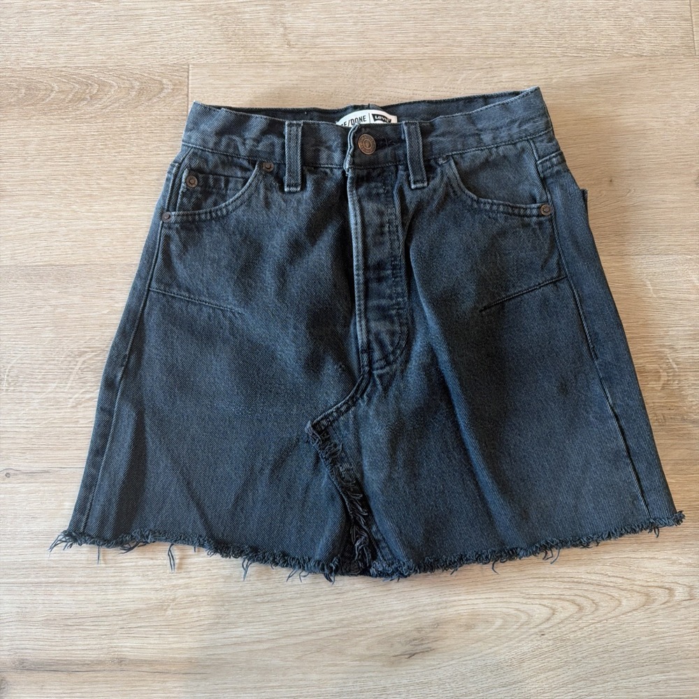 RE/Done Levis Jean Skirt 23 Black High Rise Mini A Line Raw Hem Retro USA Made